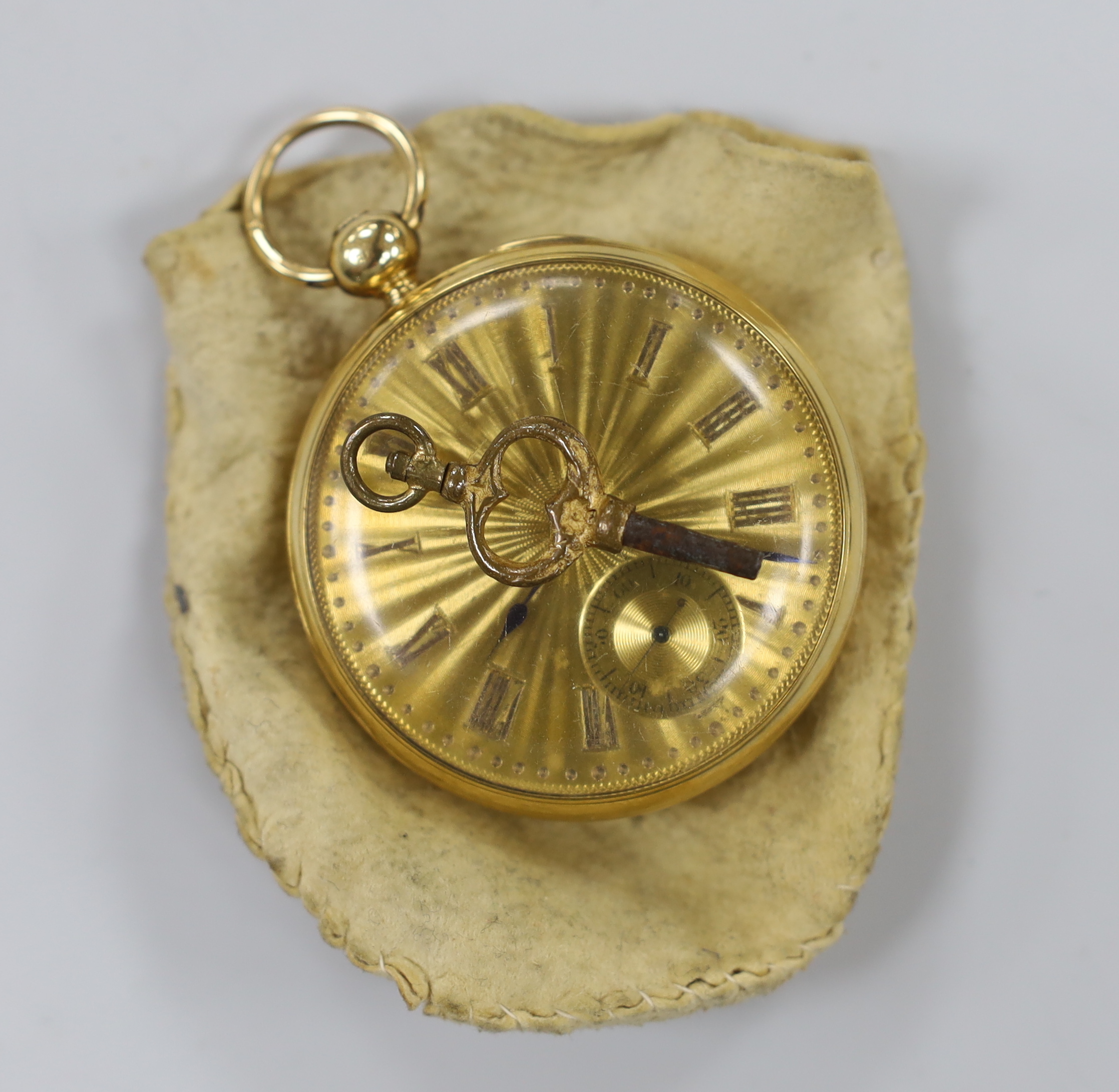 A late William IV 18ct gold open face keywind pocket watch, with yellow Roman dial and subsidiary seconds, case diameter 49mm